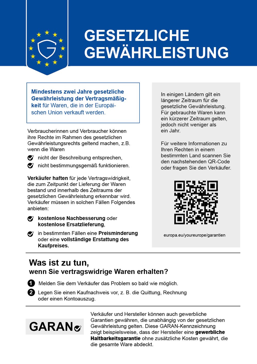 EU-Label: Gesetzliche Gewährleistung – mindestens zwei Jahre für Waren, die in der Europäischen Union verkauft werden